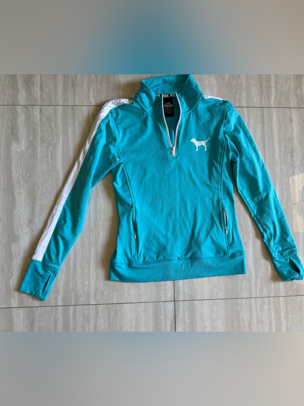 PINK Victoria's Secret Turquoise 1/4 Zip Pullover with White Trim long sleeve